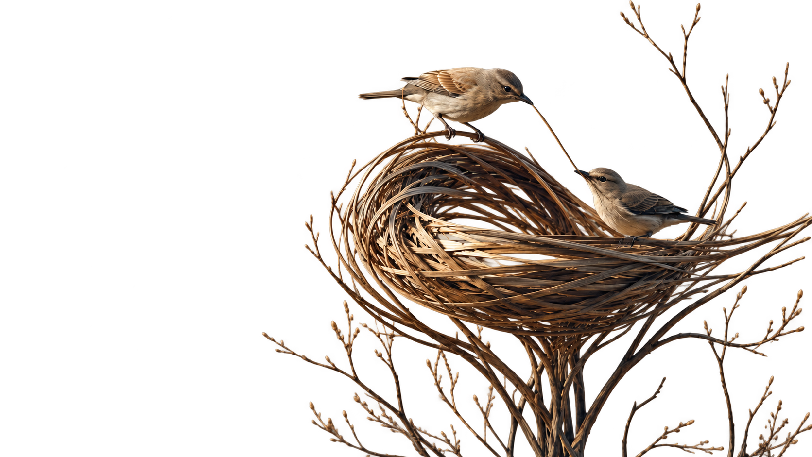 Two birds building a nest